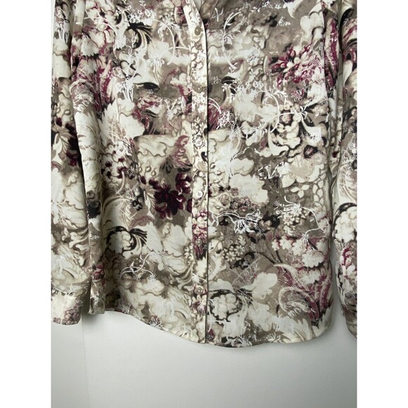 Chicos Beige Satin Print Shirt Size 0 Long Sleeve Button Down Artsy Top Flowers - Picture 14 of 14